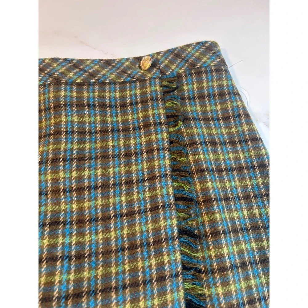 Talbots Petite Plaid Wool Blend Fringe Mini Skirt Brown Blue Green 10P